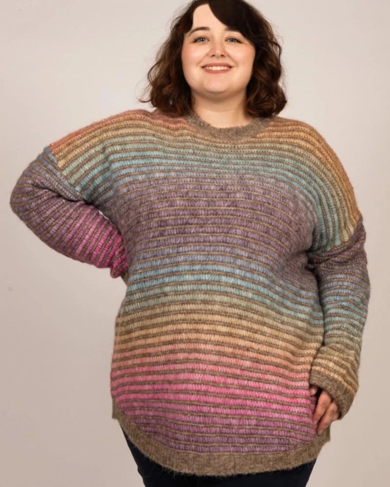 Front of a model wearing a size XL Maya Rainbow Shaded Ribbed Knit Sweater in Multicolor by ANNICK. | dia_product_style_image_id:310677
